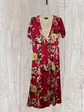 Lulu's Adjustable Wrap Dress Size L Maxi Puff Sleeve Pink Floral Fairy Flowy